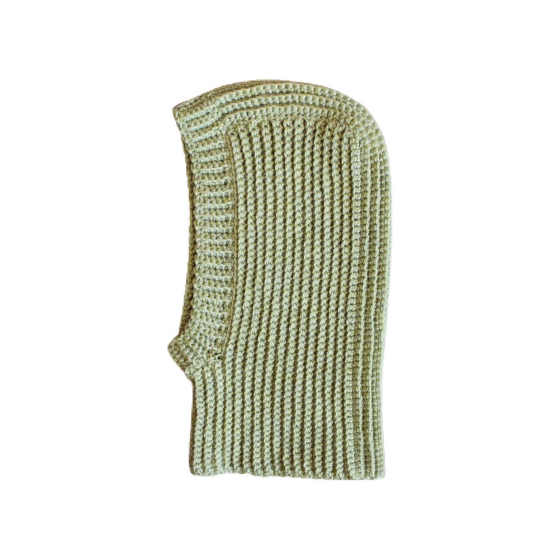 May include: A light green crocheted balaclava hat with a ribbed texture.