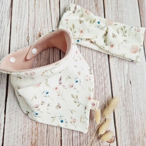 Set neckerchief rib headband baby scarf triangular scarf knot headband girls delicate flowers butterflies floral pink handmade