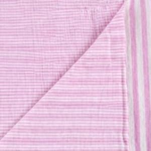 May include: A soft, lightweight fabric blanket featuring a delicate pattern of thin, horizontal pink and white stripes. The textile has a crinkled, multi-layered texture and includes a wider vertical striped border along the right edge of the cloth.