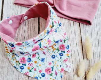 Set of baby scarf, neckerchief, headband, triangle scarf, knotted headband for girls, floral design, spring pink