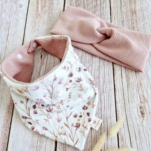 Set scarf headband baby scarf triangular scarf knot headband girl flowers floral pink handmade