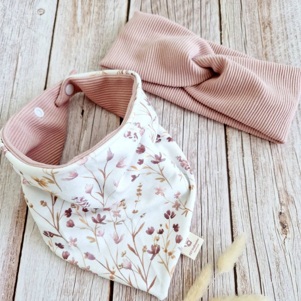 Set Halstuch Stirnband Baby Schal Dreieckstuch Knotenstirnband Mädchen Blumen Floral rosa handmade