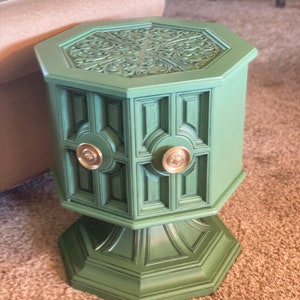 MCM Mid century modern side table nightstand on pedestal round table  corner table green hand painted boho maximalist