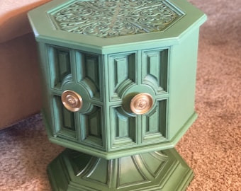 MCM Mid century modern side table nightstand on pedestal round table  corner table green hand painted boho maximalist