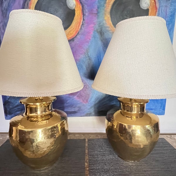 Pair of Vintage Mid Century  Hammered Brass Large Lamps Table lamps, bedside lamps set of 2. Please read item description for discount