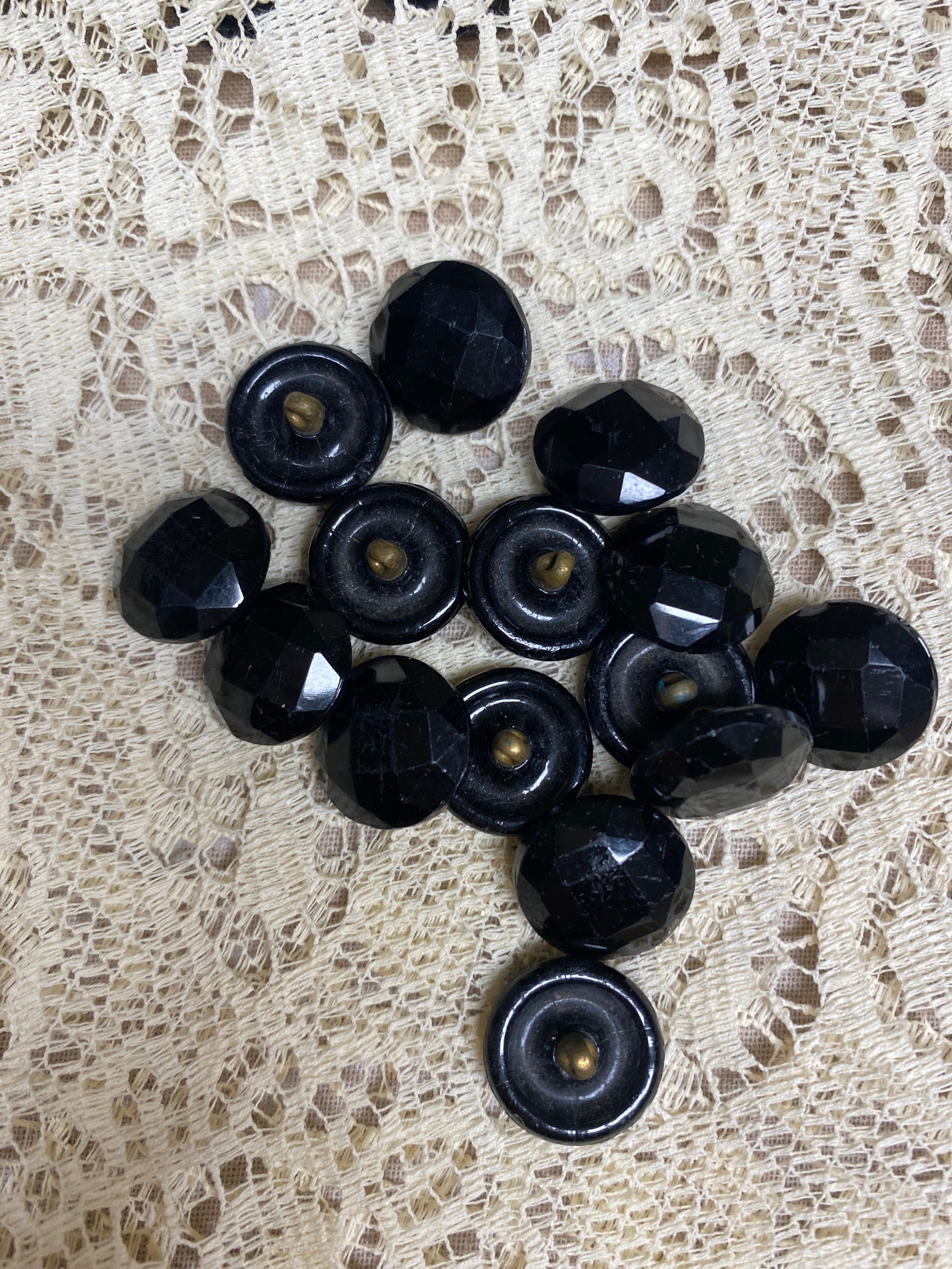 Antique French Victorian Jet Glass Tiny Buttons,Set of 10 Doll