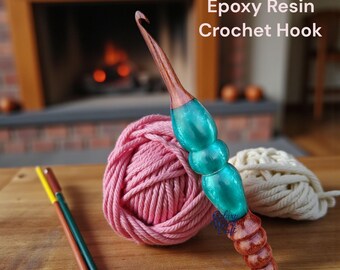 Aguja de crochet verde de resina epoxi de madera hecha a mano: herramienta ergonómica para manualidades