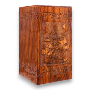 Urna de madera de palisandro grabada a mano de primera calidad: urna de cremación de madera de primera calidad para cenizas humanas: recuerdo conmemorativo con diseño personalizado