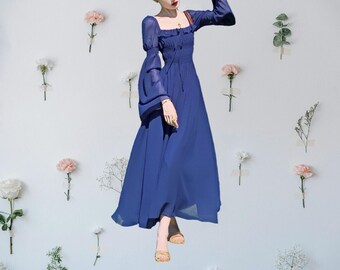 Cottagecore Dress with Highly Elastic Bust & Waist, Navy Blue Square Neck Flowy Chiffon Dress, Wedding Guest Dress, Material: Polyester