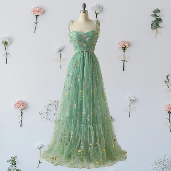 Handmade Ditsy Floral Light Green Tulle Gown, High-Quality Guaranteed