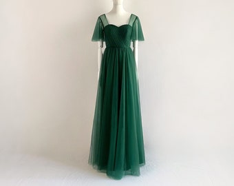 Handmade Dark Emerald Green Tulle Gown with Sleeves, High-Quality Guaranteed!