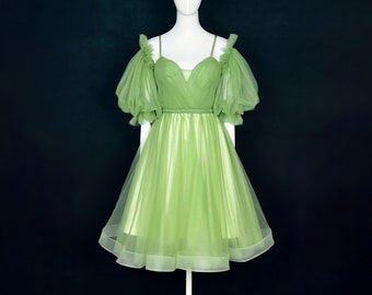 Made-To-Measure Fairytale Green Tulle Mini Dress With Removable Sleeves