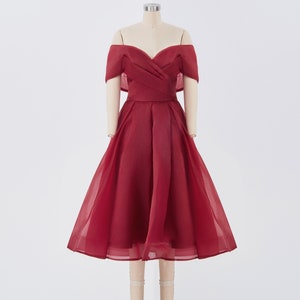 Wine Red 1950s Rockabilly Off the Shoulder Elegant Midi Vintage Cocktail Dress, Sample Sale, Only One Available, Ship in 24-48 Hours