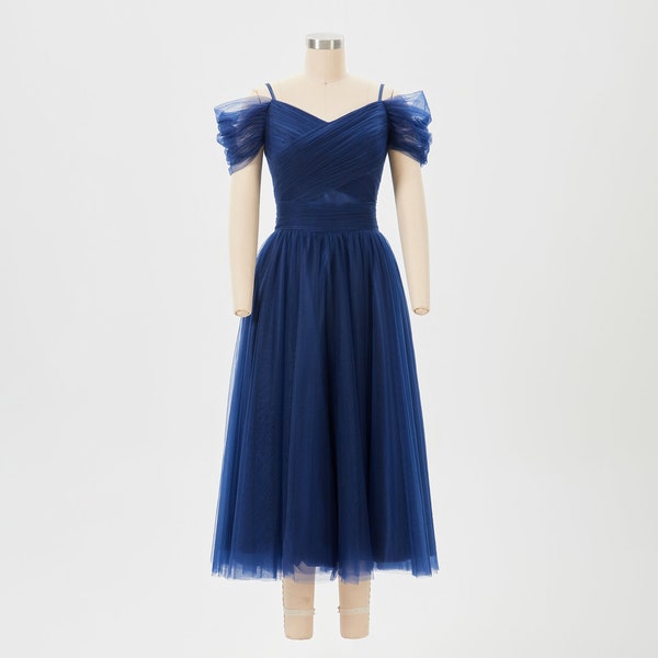 Navy Blue Off the Shoulder Elegant Midi Vintage Cocktail Dress