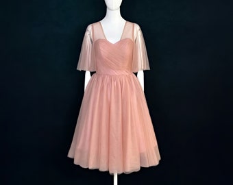 Made-To-Measure Fairytale Coral Pink Tulle Midi Dress With Sleeves