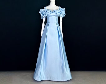 Made-To-Measure Elegant 1950s Vintage Style Light Blue Off-The-Shoulder Long Satin Evening Gown
