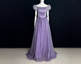 Made-To-Measure Elegant Vintage Style Puff Sleeves Lavender Purple Sliver Glitter Tulle Evening Gown