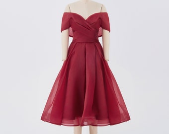 Wine Red 1950s Rockabilly Off the Shoulder Elegant Midi Vintage Cocktail Dress, Sample Sale, Only One Available, Ship in 24-48 Hours