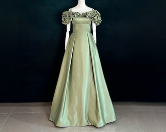 Made-To-Measure 1950s Dusty Olive Green Off-the-Shoulder Satin Vintage Ball Gown