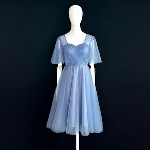 Made-To-Measure Long Blue Tulle Dress With Sleeves