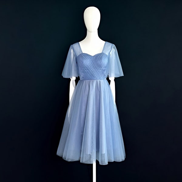 Made-To-Measure Long Blue Tulle Dress With Sleeves