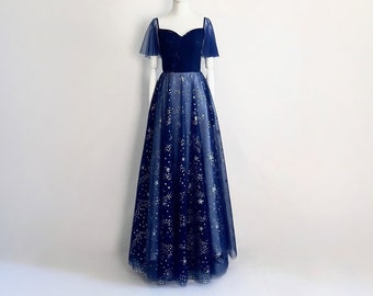 Made-To-Measure Celestial Sliver Glitter Dark Blue Tulle Dress, Galaxy Prom Dress,The Glitters Barely Fall Off