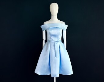 Made-To-Measure Elegant 1950s Vintage Style Light Ice Blue Off-The-Shoulder Satin Cocktail Dress