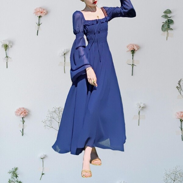 Cottagecore Dress with Highly Elastic Bust & Waist, Navy Blue Square Neck Flowy Chiffon Dress, Wedding Guest Dress, Material: Polyester