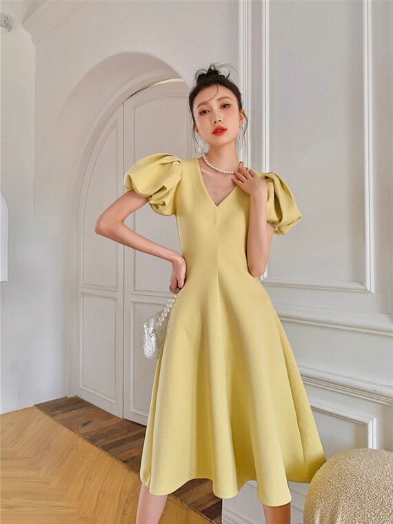 Puffy Sleeve Dress Yellow Summer Dress 