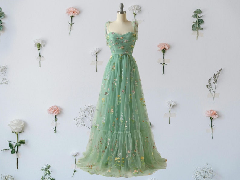 Handmade Ditsy Floral Light Green Tulle Gown, High-Quality Guaranteed Slip Style