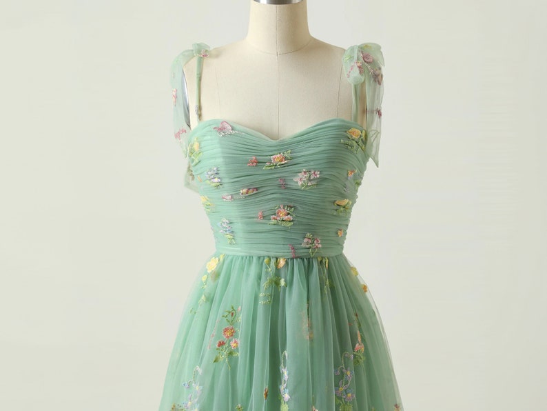 Handmade Ditsy Floral Light Green Tulle Gown, High-Quality Guaranteed zdjęcie 6