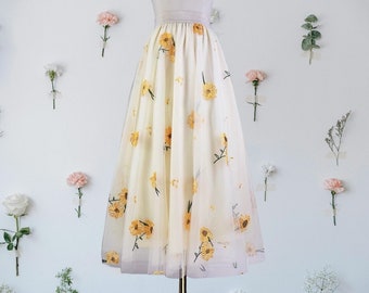 Yellow Sunflower Tulle Skirt, Fairycore Skirt, Embroidered Cottagecore Skirt, Elastic Waist Summer Skirt, Garden Party Skirt