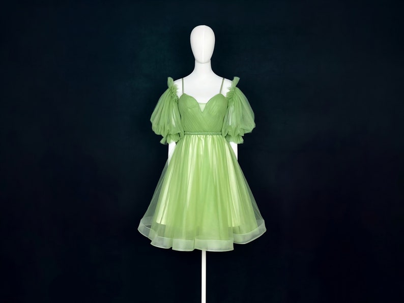 Made-To-Measure Fairytale Green Tulle Mini Dress With Removable Sleeves image 1