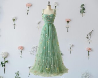 Handmade Ditsy Floral Light Green Tulle Gown, High-Quality Guaranteed