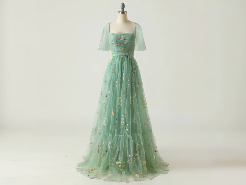 Handmade Ditsy Floral Light Green Tulle Gown, High-Quality Guaranteed Sleeve Style