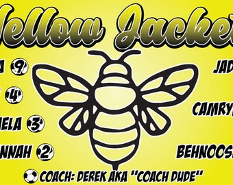 Puede incluir: Una pancarta amarilla y negra con el texto "Yellow Jackets" y una ilustración de abeja en blanco y negro. La pancarta también incluye los nombres de los jugadores y sus números: Maya 9, Ellie 4, Mikaela 3, Savannah 2, Jade 7, Camryn 6, Behnoosh 8. El texto "COACH: DEREK AKA "COACH DUDE"" está en la parte inferior de la pancarta.