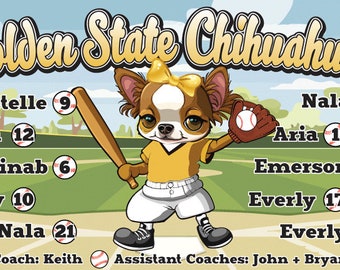 Puede incluir: Una ilustración de dibujos animados de un chihuahua con un uniforme de béisbol y sosteniendo un bate y un guante de béisbol. El texto "Golden State Chihuahuas" está en la parte superior de la imagen. Los nombres de los jugadores y sus números están listados a la izquierda y a la derecha de la imagen.