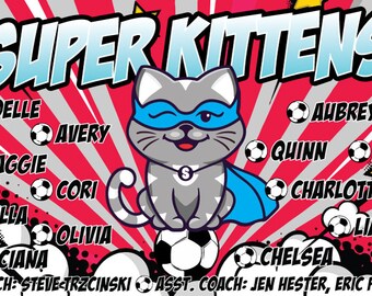 Puede incluir: Una pancarta de estilo cómic roja y gris con el texto "SUPER KITTENS" en azul y blanco. La pancarta presenta un gato gris de dibujos animados que lleva una capa y una máscara de superhéroe azules. Los nombres de los miembros del equipo están listados alrededor del gato, incluyendo Noelle, Avery, Maggie, Cori, Willa, Olivia, Luciana, Aubrey, Quinn, Aneri, Charlotte, Liana y Chelsea. El texto "COACH: STEVE TRZCINSKI ASST. COACH: JEN HESTER, ERIC PASMAN" está en la parte inferior de la pancarta.