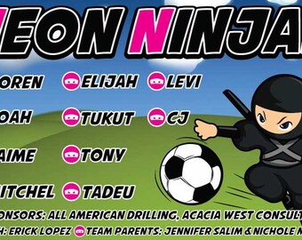 NEON NINJAS Banner del equipo de fútbol - Personaliza con tus jugadores y nombres de entrenadores - ¡Añade mini banners! Liga Deportiva Signo Chicos Chicas