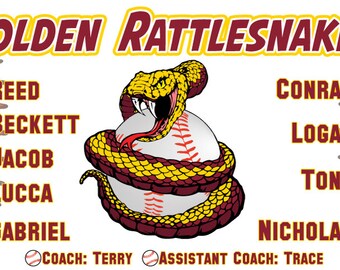 Puede incluir: Una pancarta blanca con las palabras "GOLDEN RATTLESNAKES" en letras granate. La pancarta presenta una serpiente de cascabel de dibujos animados envuelta alrededor de una pelota de béisbol. Los nombres de los jugadores están listados en los lados izquierdo y derecho de la pancarta. Los nombres están en letras granate con un contorno blanco. La pancarta también incluye los nombres de los entrenadores, "COACH: TERRY" y "ASSISTANT COACH: TRACE".