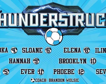 Puede incluir: Una pancarta de equipo de fútbol azul y blanco con el nombre del equipo "THUNDERSTRUCK" en letras blancas en negrita. La pancarta enumera los nombres y los números de las jugadoras, incluyendo Honoka 4, Sloane 6, Elena 8, Ilina 7, Hannah 9, Brooklyn 10, Lexi 5, Ever 11, Phoebe 12 y Seva 2. La pancarta también incluye el nombre del entrenador, Brandon Wolsic.
