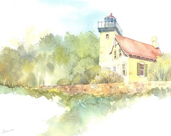 May include: A watercolor painting of a yellow lighthouse with a red roof, surrounded by green trees and a stone wall. The lighthouse is on a hill overlooking the water.