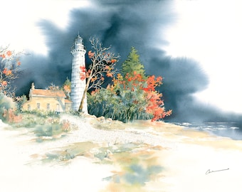 May include: Watercolor painting of a lighthouse and adjacent building on a shoreline. The tall, white lighthouse stands next to a small building with a red roof. Trees with red and orange leaves frame the scene, with a dark, stormy sky in the background.