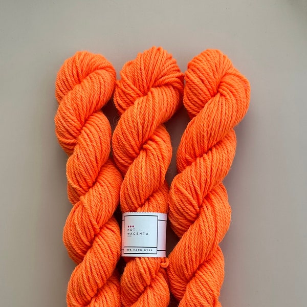 Fluorescent Neon Orange | HMYC Hand Dyed Marshmallow - 100% Superwash Merino Wool Worsted Weight Yarn | Full and Mini Skeins