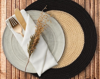 Round Jute Placemats Set of 4 | Handwoven Rattan Style Chargers | Rustic Farmhouse Dining Table Decor with Black Rim