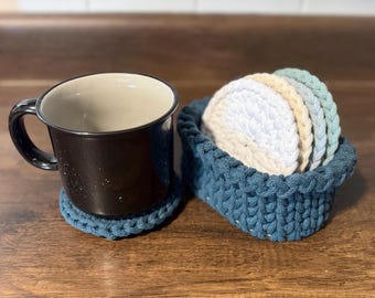 Handmade Crochet Coaster Set with Wood Base Basket | Customizable