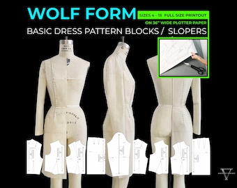 May include: A set of dress pattern blocks for sizes 4-18. The pattern blocks are printed on 36 inch wide plotter paper. The image shows the pattern blocks laid out on a dress form.