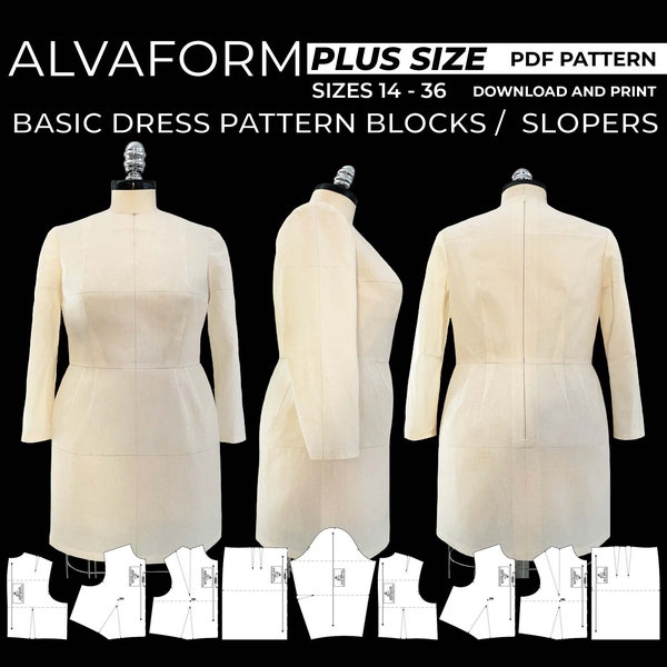 AlvaForm PLUS SIZE (Sizes 14-36) Basic Dress Pattern Blocks / Slopers (PDF Download)