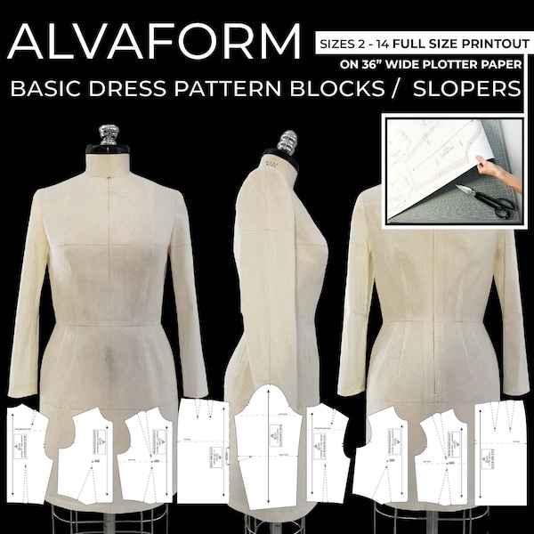 AlvaForm (Sizes 2-14) Basic Dress Pattern Blocks / Slopers (FULL SIZE PRINTOUT)