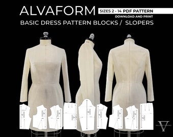 AlvaForm (tailles 2-14) Blocs de patrons pour vêtements de base / Slopers (TÉLÉCHARGEMENT PDF)